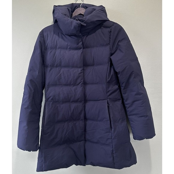 Uniqlo Women’s Down Puffer Coat Sz S Blue Goose Feather Mockneck Packable Hood - Picture 2 of 7